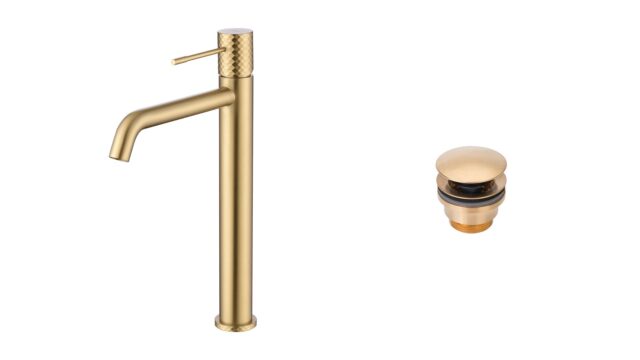 Moderne erhöhte Waschtischarmatur in Gebürstetes Gold, ideal für Badmöbel mit Aufsatzwaschbecken, als Komplettset inklusive passendem Click-Clack-Verschluss mit langlebiger PVD-Beschichtung. Der Click-Clack-Verschluss lässt sich durch Drücken einfach öffn
