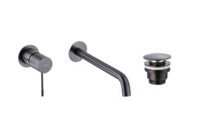 Moderne Waschtischarmatur Wandmontage in Black Gun Metal, für die Montage über Waschtisch oder Aufsatzwaschbecken, als Komplettset inklusive passendem Click-Clack-Verschluss mit langlebiger PVD-Beschichtung. Der Click-Clack-Verschluss lässt sich durch Drü