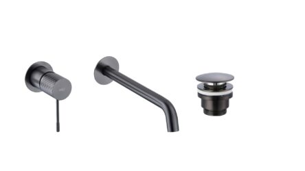 Moderne Waschtischarmatur Wandmontage in Black Gun Metal, für die Montage über Waschtisch oder Aufsatzwaschbecken, als Komplettset inklusive passendem Click-Clack-Verschluss mit langlebiger PVD-Beschichtung. Der Click-Clack-Verschluss lässt sich durch Drü