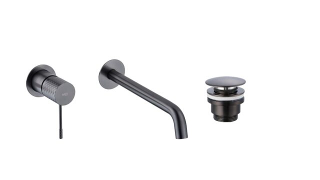 Moderne Waschtischarmatur Wandmontage in Black Gun Metal, für die Montage über Waschtisch oder Aufsatzwaschbecken, als Komplettset inklusive passendem Click-Clack-Verschluss mit langlebiger PVD-Beschichtung. Der Click-Clack-Verschluss lässt sich durch Drü