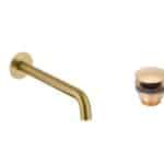 Moderne Waschtischarmatur Wandmontage in Gebürstetes Gold, für die Montage über Waschtisch oder Aufsatzwaschbecken, als Komplettset inklusive passendem Click-Clack-Verschluss mit langlebiger PVD-Beschichtung. Der Click-Clack-Verschluss lässt sich durch Dr