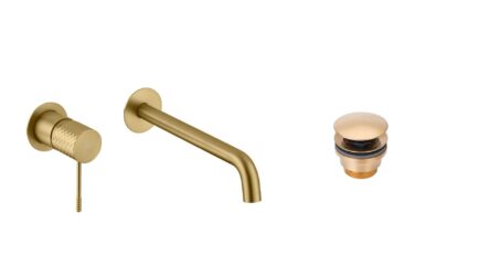 Moderne Waschtischarmatur Wandmontage in Gebürstetes Gold, für die Montage über Waschtisch oder Aufsatzwaschbecken, als Komplettset inklusive passendem Click-Clack-Verschluss mit langlebiger PVD-Beschichtung. Der Click-Clack-Verschluss lässt sich durch Dr