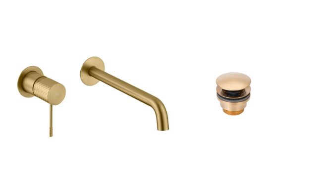 Moderne Waschtischarmatur Wandmontage in Gebürstetes Gold, für die Montage über Waschtisch oder Aufsatzwaschbecken, als Komplettset inklusive passendem Click-Clack-Verschluss mit langlebiger PVD-Beschichtung. Der Click-Clack-Verschluss lässt sich durch Dr