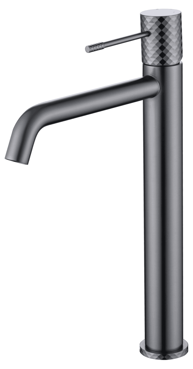 Moderne erhöhte Waschtischarmatur in Black Gun Metal, ideal für Badmöbel mit Aufsatzwaschbecken. Mit langlebiger PVD-Beschichtung. Mit 5 Jahren Garantie und in 5 Farben erhältlich.