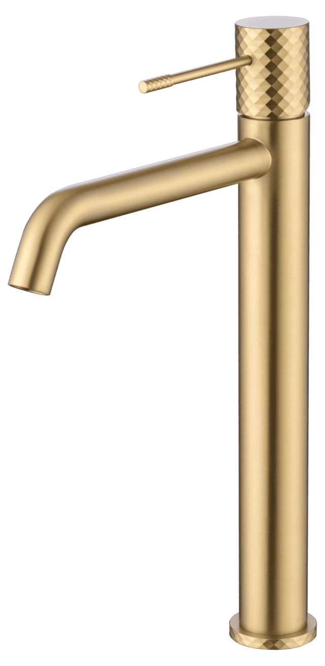 Moderne erhöhte Waschtischarmatur in Gebürstetes Gold, ideal für Badmöbel mit Aufsatzwaschbecken. Mit langlebiger PVD-Beschichtung. Mit 5 Jahren Garantie und in 5 Farben erhältlich.