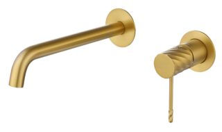 Moderne Waschtischarmatur Wandmontage in Gebürstetes Gold, für die Montage über Waschtisch oder Aufsatzwaschbecken. Mit langlebiger PVD-Beschichtung. Mit 5 Jahren Garantie und in 6 Farben erhältlich. Charakteristisch für die Toscana Serie ist das gedrehte
