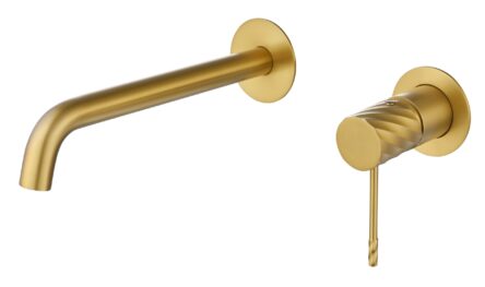 Moderne Waschtischarmatur Wandmontage in Gebürstetes Gold, für die Montage über Waschtisch oder Aufsatzwaschbecken. Mit langlebiger PVD-Beschichtung. Mit 5 Jahren Garantie und in 6 Farben erhältlich. Charakteristisch für die Toscana Serie ist das gedrehte