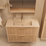 Riva Badmöbel aus massivem Eichenholz 100 – Eiche natur mit Doppel-Schublade und matt beigem Mineralwerkstoff-Waschbecken