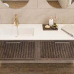 Das Rosenfeld Badmöbel 140 in Eiche dunkel strahlt Luxus und Ruhe aus. Gefertigt aus massivem Eichenholz mit Rillenfront, vier hochwertigen Softclose-Schubladen und einem matten weißen Mineralwerkstoff- mit Überlauf. Das Waschbecken ist wahlweise mit oder