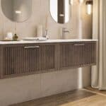 Das Rosenfeld Badmöbel 160 in Eiche dunkel strahlt Luxus und Ruhe aus. Gefertigt aus massivem Eichenholz mit Rillenfront, vier hochwertigen Softclose-Schubladen und einem matten weißen Mineralwerkstoff- mit Überlauf. Das Waschbecken ist wahlweise mit oder