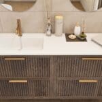 Das Rosenfeld Badmöbel 160 in Eiche dunkel strahlt Luxus und Ruhe aus. Gefertigt aus massivem Eichenholz mit Rillenfront, vier hochwertigen Softclose-Schubladen und einem matten weißen Mineralwerkstoff- mit Überlauf. Das Waschbecken ist wahlweise mit oder