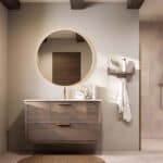Wandhängendes Badezimmermöbel 120 cm aus dunkler Eiche mit Einzelwaschtisch und matt-weißer Mineralguss-Waschtisch (klassisch