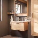 Wandhängendes Badezimmermöbel 80 cm aus Natureiche mit eine Schublade und matt-weißer Mineralguss-Waschtisch