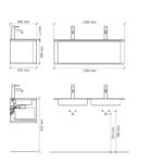 Rundes hängendes Badmöbel 120 cm aus Natureiche mit Riffelfront und mattweißem Solid-Surface-Doppelwaschtisch