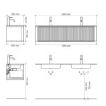 Rundes hängendes Badezimmermöbel 160 cm aus Dunkeleiche mit Riffelfront und mattweißem Solid-Surface-Doppelwaschtisch