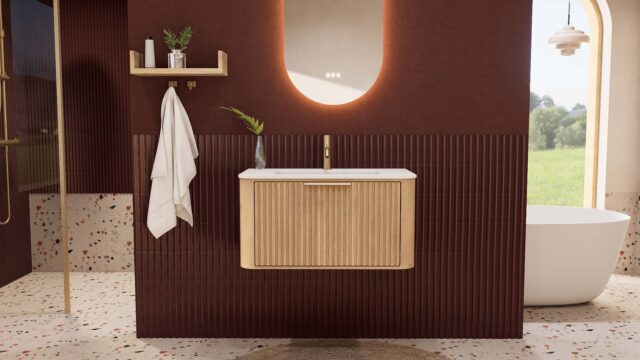 Rundes hängendes Badezimmermöbel 80 cm aus Natureiche mit Riffelfront und mattweißem Solid-Surface-Waschtisch