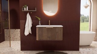 Rundes hängendes Badezimmermöbel 80 cm aus Dunkeleiche mit Riffelfront und mattweißem Solid-Surface-Waschtisch