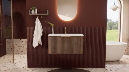 Rundes hängendes Badezimmermöbel 80 cm aus Dunkeleiche mit Riffelfront und mattweißem Solid-Surface-Waschtisch