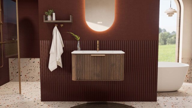 Rundes hängendes Badezimmermöbel 80 cm aus Dunkeleiche mit Riffelfront und mattweißem Solid-Surface-Waschtisch