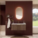 Rundes hängendes Badezimmermöbel 100 cm aus Dunkeleiche mit Riffelfront und mattweißem Solid-Surface-Waschtisch