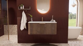 Rundes hängendes Badezimmermöbel 100 cm aus Dunkeleiche mit Riffelfront und mattweißem Solid-Surface-Waschtisch