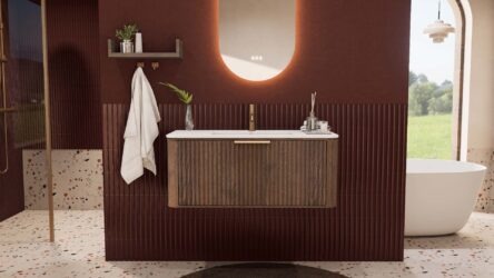 Rundes hängendes Badezimmermöbel 100 cm aus Dunkeleiche mit Riffelfront und mattweißem Solid-Surface-Waschtisch