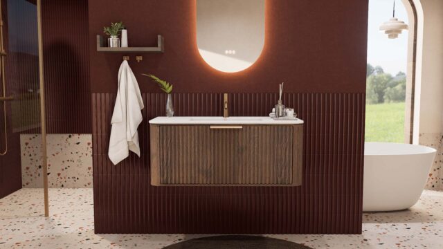 Rundes hängendes Badezimmermöbel 100 cm aus Dunkeleiche mit Riffelfront und mattweißem Solid-Surface-Waschtisch