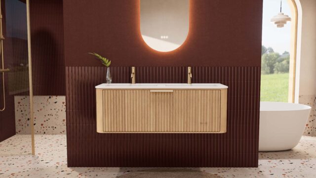 Rundes hängendes Badmöbel 120 cm aus Natureiche mit Riffelfront und mattweißem Solid-Surface-Doppelwaschtisch