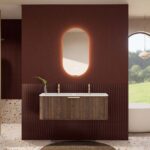 Rundes hängendes Badmöbel 120 cm aus Dunkeleiche mit Riffelfront und mattweißem Solid-Surface-Doppelwaschtisch