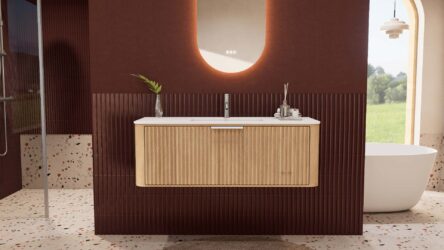 Rundes hängendes Badezimmermöbel 120 cm aus Natureiche mit Riffelfront und mattweißem Solid-Surface-Waschtisch