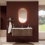 Rundes hängendes Badezimmermöbel 120 cm aus Dunkeleiche mit Riffelfront und mattweißem Solid-Surface-Waschtisch