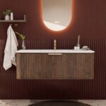 Rundes hängendes Badezimmermöbel 120 cm aus Dunkeleiche mit Riffelfront und mattweißem Solid-Surface-Waschtisch