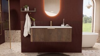 Rundes hängendes Badezimmermöbel 120 cm aus Dunkeleiche mit Riffelfront und mattweißem Solid-Surface-Waschtisch
