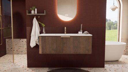 Rundes hängendes Badezimmermöbel 120 cm aus Dunkeleiche mit Riffelfront und mattweißem Solid-Surface-Waschtisch
