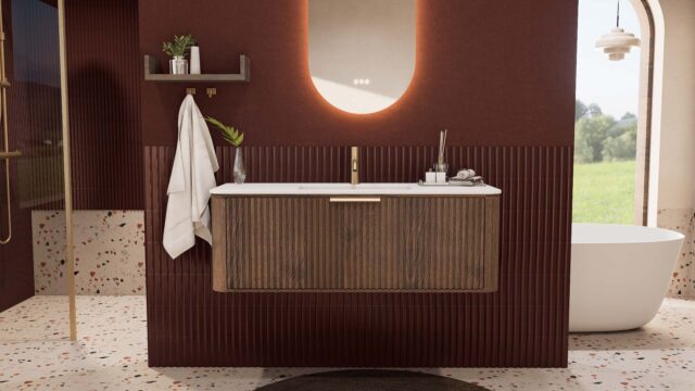 Rundes hängendes Badezimmermöbel 120 cm aus Dunkeleiche mit Riffelfront und mattweißem Solid-Surface-Waschtisch