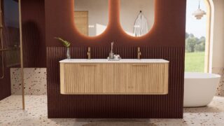 Rundes hängendes Badezimmermöbel 140 cm aus Natureiche mit Riffelfront und mattweißem Solid-Surface-Doppelwaschtisch