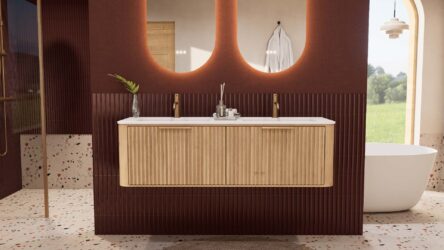 Rundes hängendes Badezimmermöbel 140 cm aus Natureiche mit Riffelfront und mattweißem Solid-Surface-Doppelwaschtisch