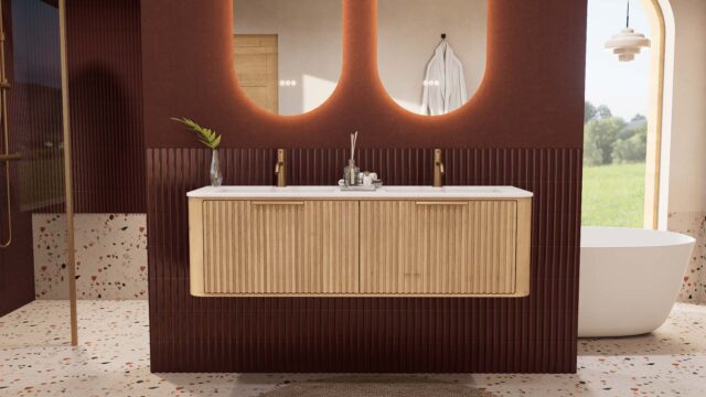 Rundes hängendes Badezimmermöbel 140 cm aus Natureiche mit Riffelfront und mattweißem Solid-Surface-Doppelwaschtisch