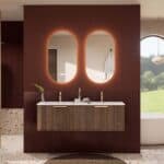 Rundes hängendes Badezimmermöbel 140 cm aus Dunkeleiche mit Riffelfront und mattweißem Solid-Surface-Doppelwaschtisch