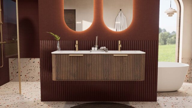 Rundes hängendes Badezimmermöbel 140 cm aus Dunkeleiche mit Riffelfront und mattweißem Solid-Surface-Doppelwaschtisch