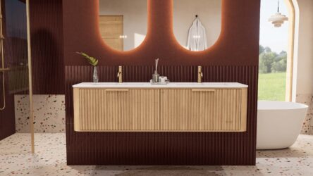 Rundes hängendes Badezimmermöbel 160 cm aus Natureiche mit Riffelfront und mattweißem Solid-Surface-Doppelwaschtisch