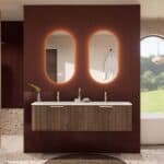 Rundes hängendes Badezimmermöbel 160 cm aus Dunkeleiche mit Riffelfront und mattweißem Solid-Surface-Doppelwaschtisch