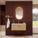 Rundes hängendes Badezimmermöbel 100 cm aus Natureiche mit Riffelfront und mattweißem Solid-Surface-Waschtisch