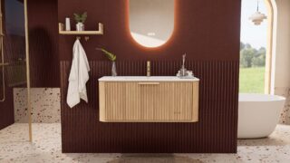Rundes hängendes Badezimmermöbel 100 cm aus Natureiche mit Riffelfront und mattweißem Solid-Surface-Waschtisch