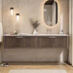 Wandhängendes Badezimmermöbel 140 cm aus dunkler Eiche mit zwei Schubladen und mattweißer Mineralguss-Waschtisch (Naturholz)