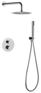 Modernes thermostatisches Unterputz-Duschsystem in Chrom mit Kopfbrause Ø25 cm und separatem Handbrausenset. Ausgeführt mit Wandanschluss. Erhältlich in 6 Farben und mit 5 Jahren Garantie. Charakteristisch für die Toscana Serie ist das gedrehte Relief an