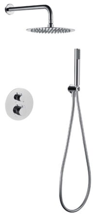 Modernes thermostatisches Unterputz-Duschsystem in Chrom mit Kopfbrause Ø25 cm und separatem Handbrausenset. Ausgeführt mit Wandanschluss. Erhältlich in 6 Farben und mit 5 Jahren Garantie. Charakteristisch für die Toscana Serie ist das gedrehte Relief an
