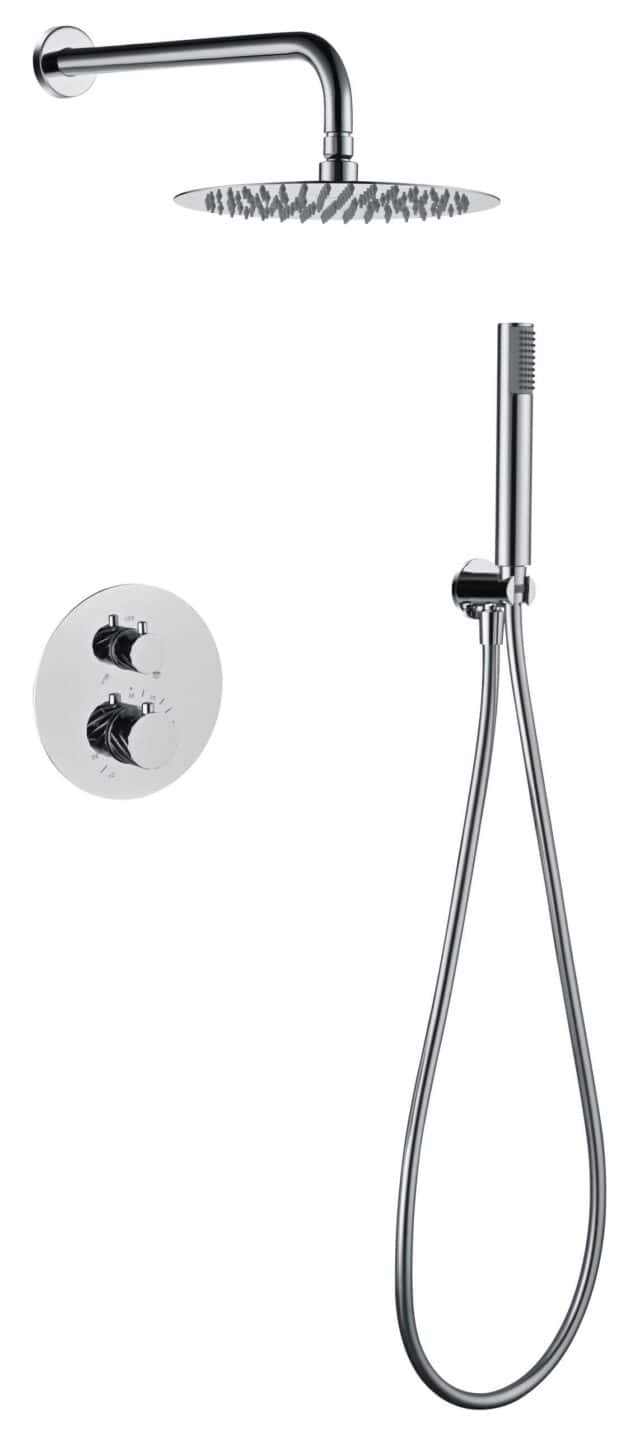 Modernes thermostatisches Unterputz-Duschsystem in Chrom mit Kopfbrause Ø25 cm und separatem Handbrausenset. Ausgeführt mit Wandanschluss. Erhältlich in 6 Farben und mit 5 Jahren Garantie. Charakteristisch für die Toscana Serie ist das gedrehte Relief an