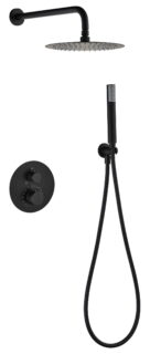 Stilvolles thermostatisches Unterputz-Duschsystem in Mattschwarz, Kopfbrause Ø25 cm und separatem Handbrausenset. Wandanschluss. Erhältlich in 6 Farben und mit 5 Jahren Garantie. Charakteristisch für die Toscana Serie ist das gedrehte Relief an der Bedien
