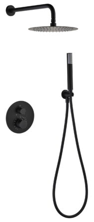 Stilvolles thermostatisches Unterputz-Duschsystem in Mattschwarz, Kopfbrause Ø25 cm und separatem Handbrausenset. Wandanschluss. Erhältlich in 6 Farben und mit 5 Jahren Garantie. Charakteristisch für die Toscana Serie ist das gedrehte Relief an der Bedien